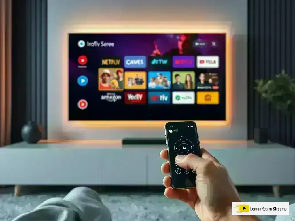 Android TV remote control and smartphone controlling TV screen