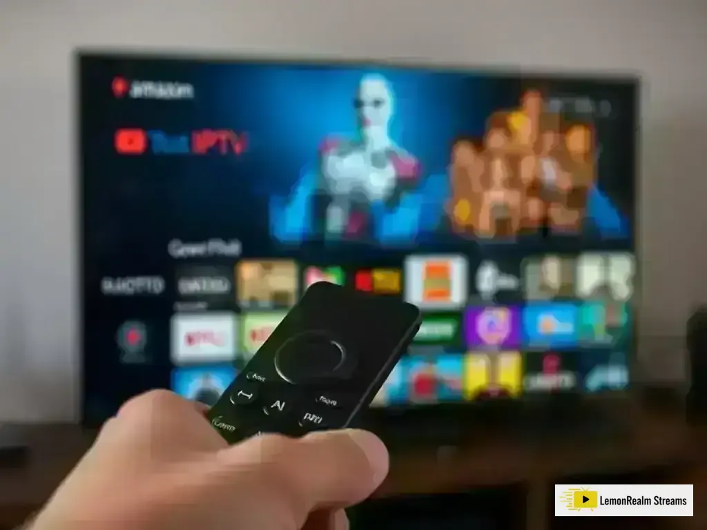 Amazon Fire TV remote control pointing to IPTV app interface