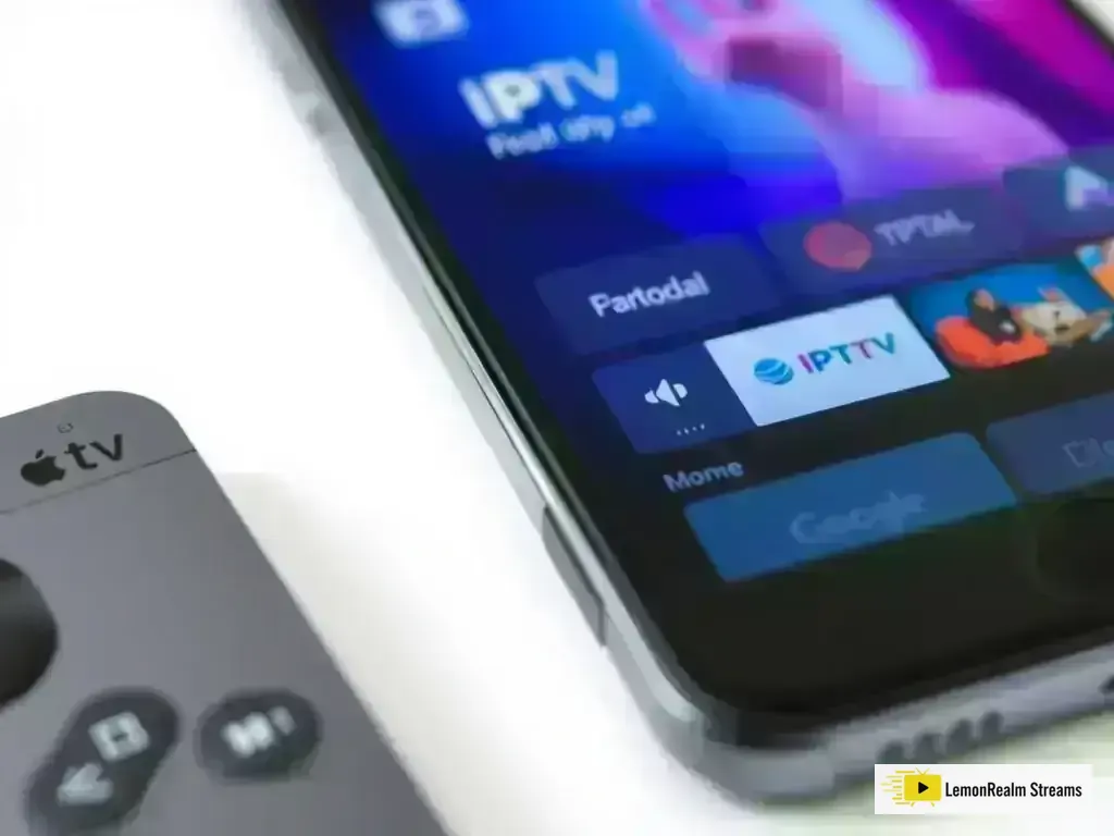 iPhone screen showing IPTV app interface with Apple TV remote