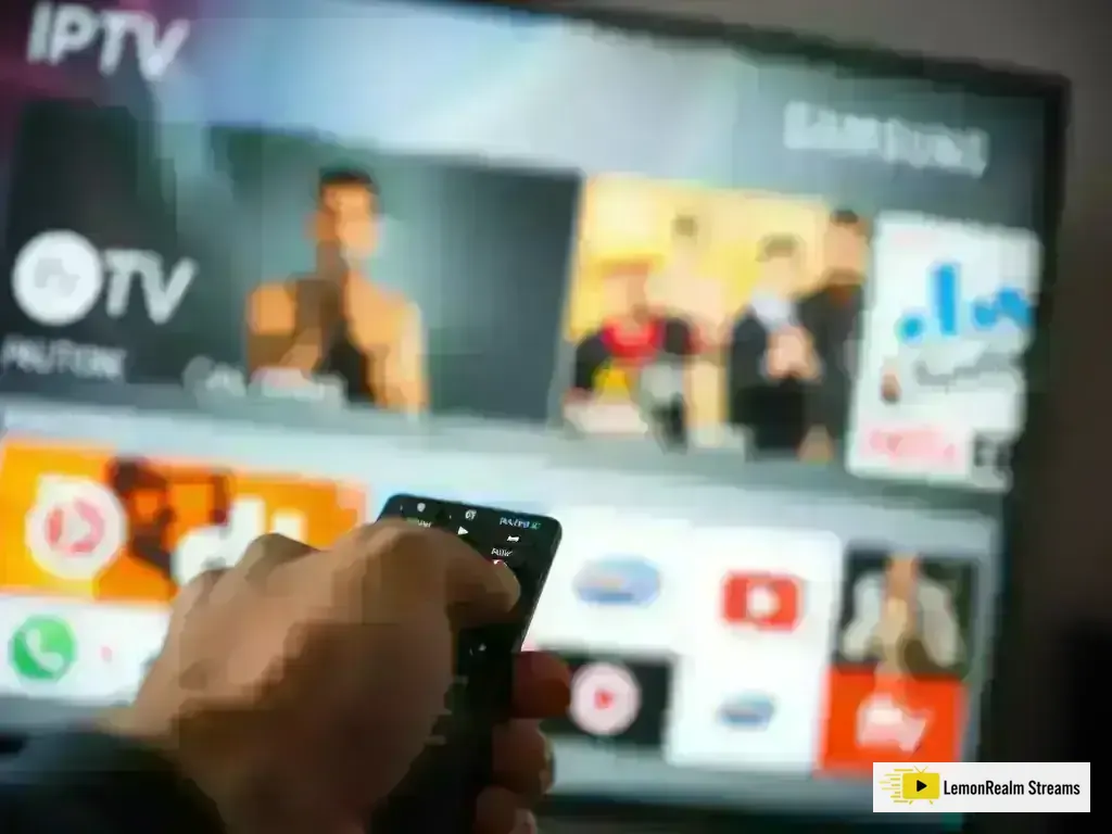Smart TV IPTV Setup - Remote control pointing to IPTV app on Samsung TV screen